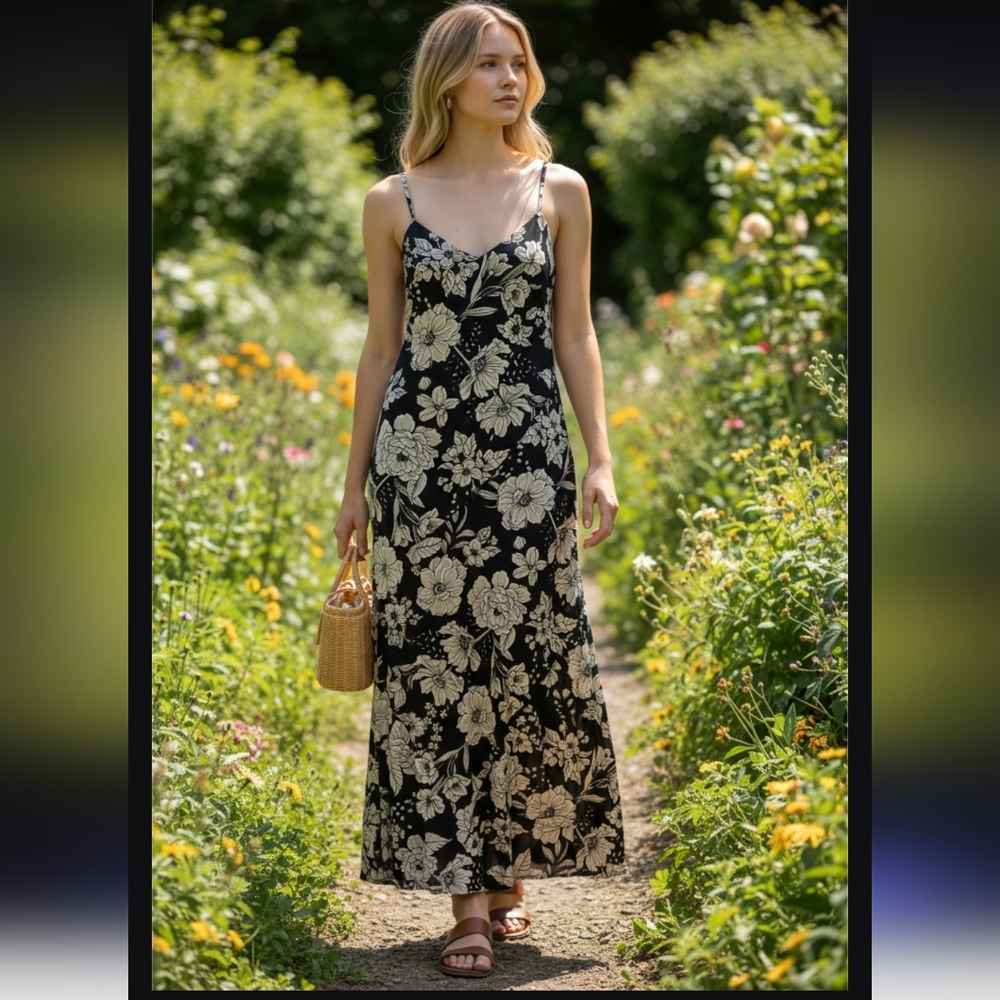 NWT Floral Black and Cream Maxi Dress With Lining Underneath Size-M.